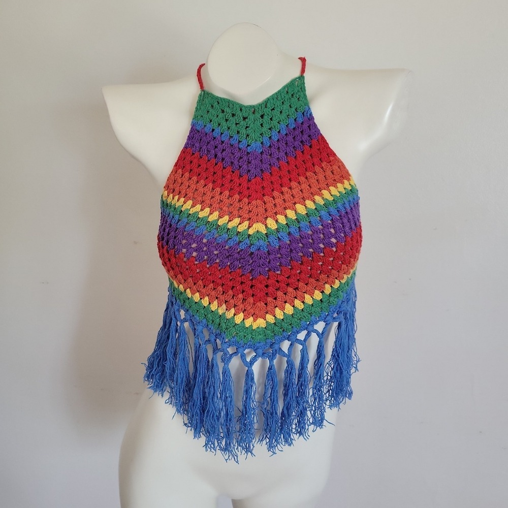Lakhays Rainbow Crochet Fringed Halter Top Small Multicolor Stripe Boho Festival